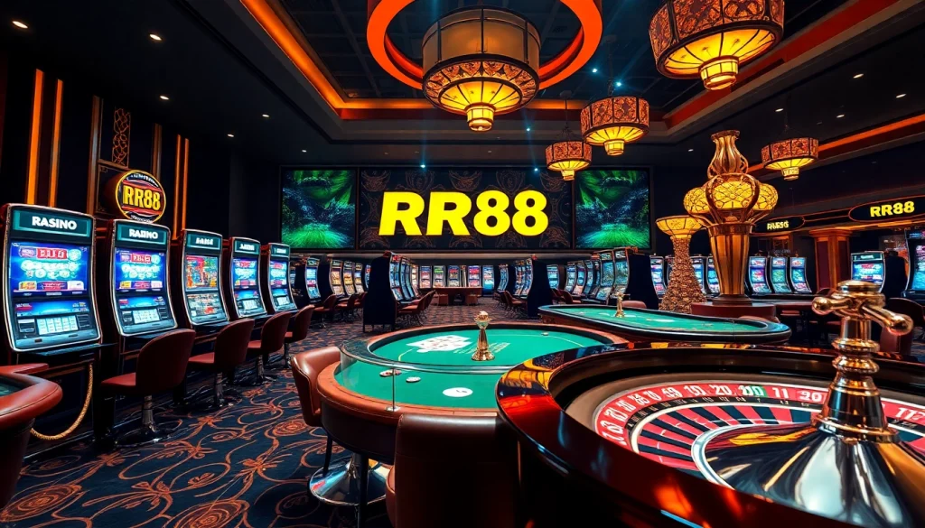 RR88 casino scene featuring vibrant slot machines, poker tables, and roulette wheels in a luxurious setting.