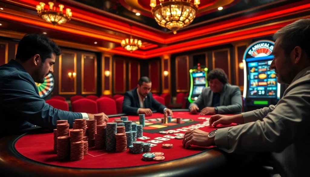 Découvrez l'excitation du casino en ligne Français avec des joueurs autour d'une table de poker à enjeux élevés.