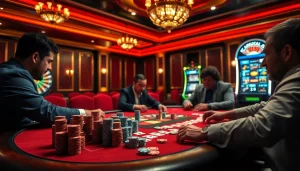 Découvrez l'excitation du casino en ligne Français avec des joueurs autour d'une table de poker à enjeux élevés.