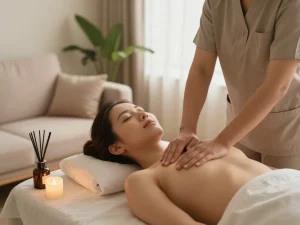 숙련된 치료사와 함께 안정적인 가정 환경에서 출장안마를 즐기는 고객.