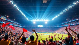 Exciting sports action at a live event showcasing 토토스토리 with enthusiastic fans, bright lights, and vibrant players.