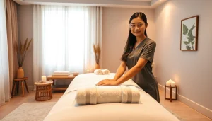 아늑한 마사지 룸에서 전문 태국 마사지사와 함께하는 수원출장마사지의 편안한 풍경.