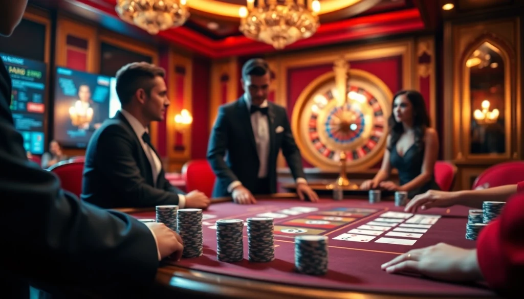 Scène captivante d'un casino en ligne luxueux en France mettant en avant des jeux de poker et de roulette.
