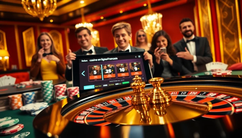 Jeu engageant dans un casino en ligne Français, avec des jetons de poker et une roulette pour les parieurs en ligne.