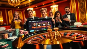 Jeu engageant dans un casino en ligne Français, avec des jetons de poker et une roulette pour les parieurs en ligne.