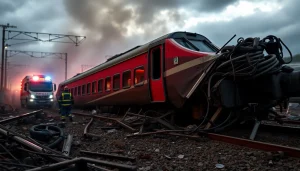 Scene depicting a spain train crash aftermath with emergency responders and chaos.