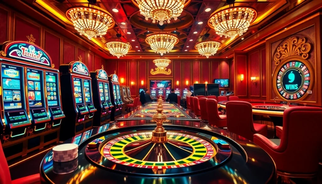 Découvrez l'excitation du casino en ligne Français avec des machines à sous vibrantes et des jetons de poker dans un cadre luxueux.