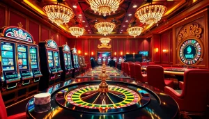 Découvrez l'excitation du casino en ligne Français avec des machines à sous vibrantes et des jetons de poker dans un cadre luxueux.