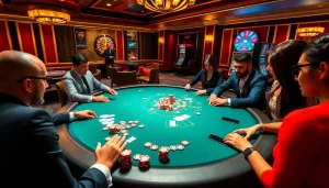 Découvrez l'excitation du casino en ligne français à une table de poker luxueuse avec des joueurs élégants.