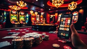 Scène engageante de casino en ligne Français avec des tables vibrantes, des machines à sous, et une interface de jeu en ligne.