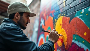 Artist skillfully engaged in a painting apprenticeship, creating a mural with vibrant colors.