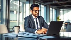 VAT Return Filing in UAE: Professional accountant reviewing financial documents in a modern office.