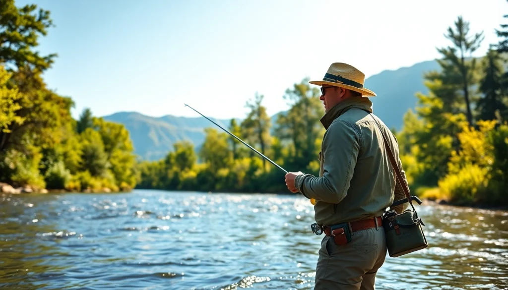Fly fishing apparel showcased by a professional angler casting a line into a scenic river setting.