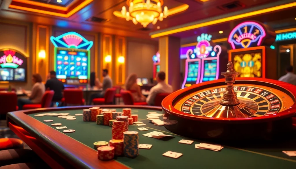 Experience excitement at KJC's vibrant gambling scene with tables and slot machines.