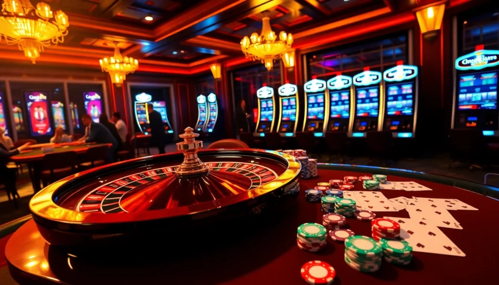 Vivez une expérience de jeu palpitante à Casino en ligne Français avec une scène de casino dynamique mettant en avant la roulette, des jetons de poker et des cartes.