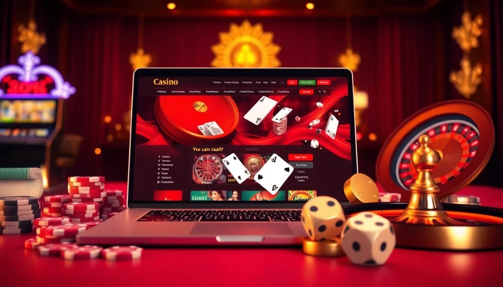 Vivez le frisson du casino en ligne Français avec cette interface de jeu en ligne dynamique présentant des jetons de poker et une roulette.
