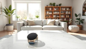 Showcasing Finesse Smart Watch on a stylish coffee table in a modern living room.