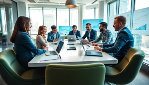 Engaged team discussing agencia hubspot strategies in a modern office.