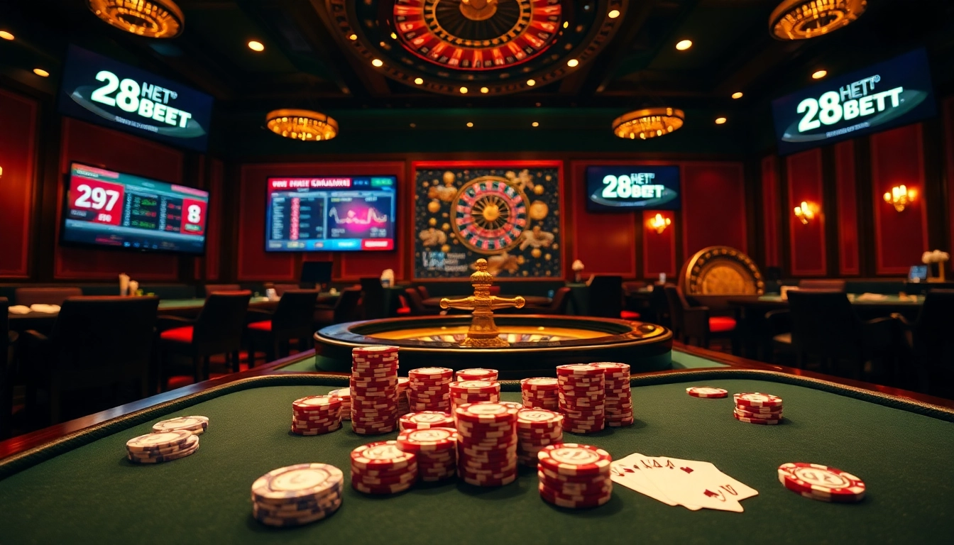 Experience the thrill of gambling at 28BET with a luxurious casino scene showcasing poker and roulette.