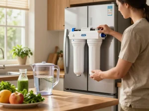 Homeowner installing EcoAqua EFF-6027A Replacement Filter in stylish refrigerator, promoting fresh water.