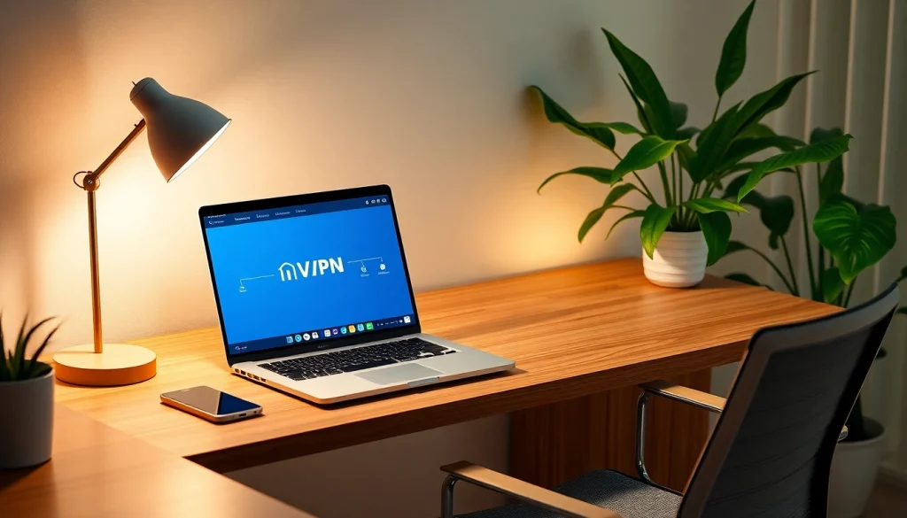 现代家庭办公笔记本上的快连VPN界面，配有生机勃勃的植物。