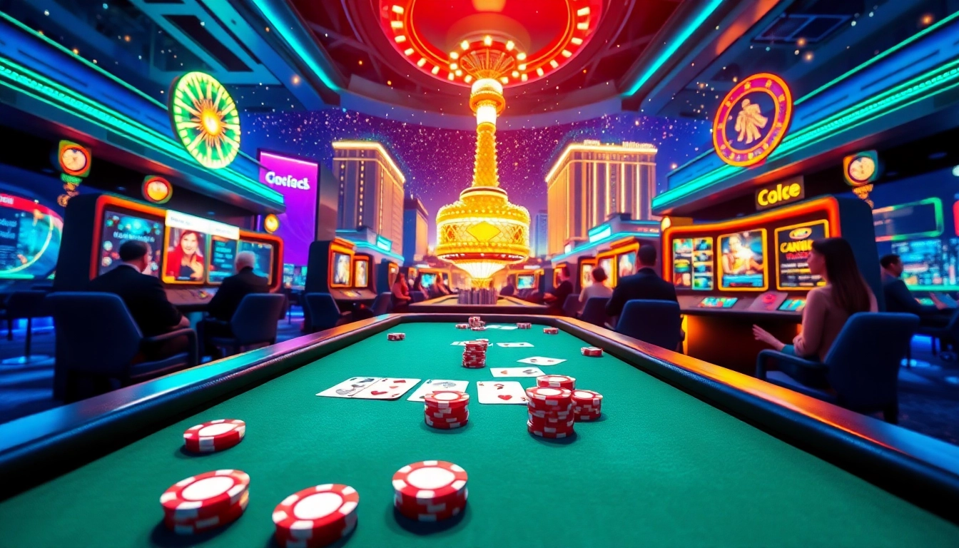 Players enjoying a thrilling experience at Vegas hero online casino with vibrant lights.