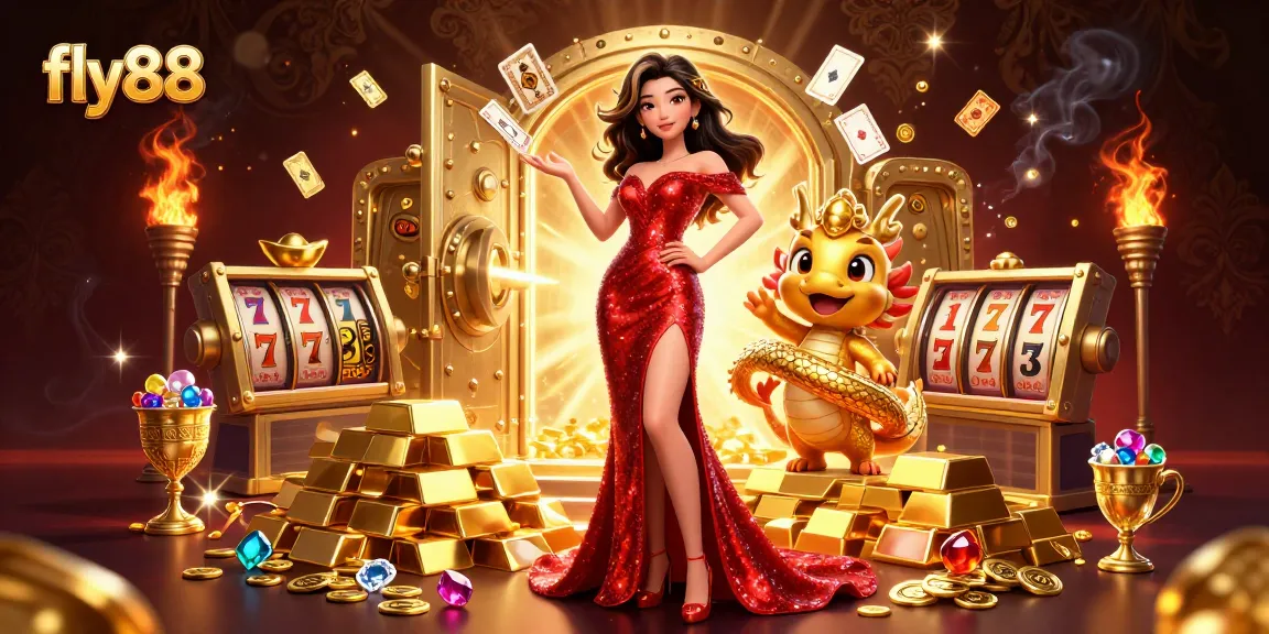 Experience the thrilling excitement of fly88 with this engaging casino scene featuring floating cards and golden treasures.