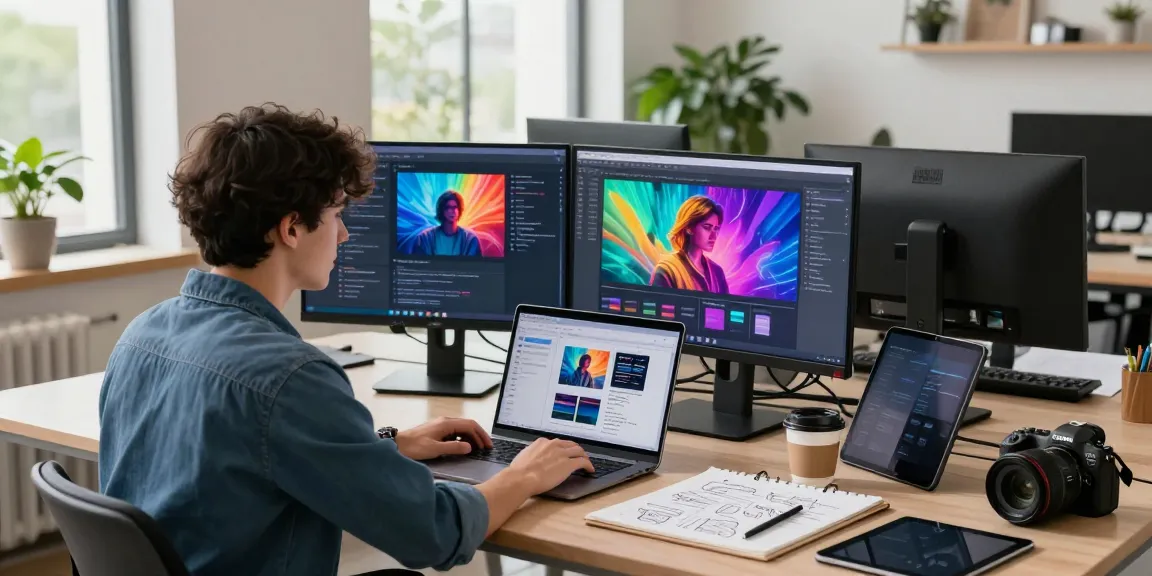 AI prompt image generation tools displayed on dual monitors in a modern workspace, showing creativity and technology.