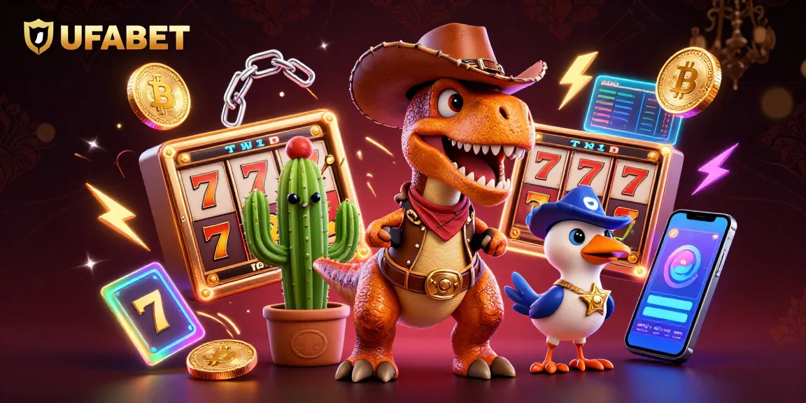 Win big with UFABET in a fun-packed online gambling scene featuring a T-Rex, cactus, and roadrunner.