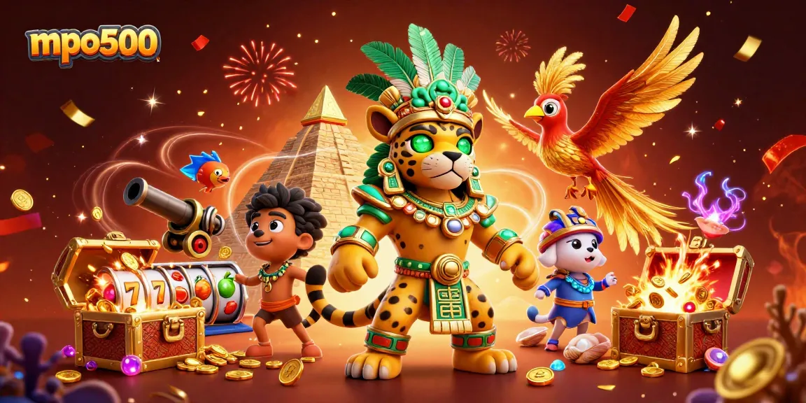 Win big with mpo500 in this vibrant 3D casino scene showcasing exciting slot game elements.