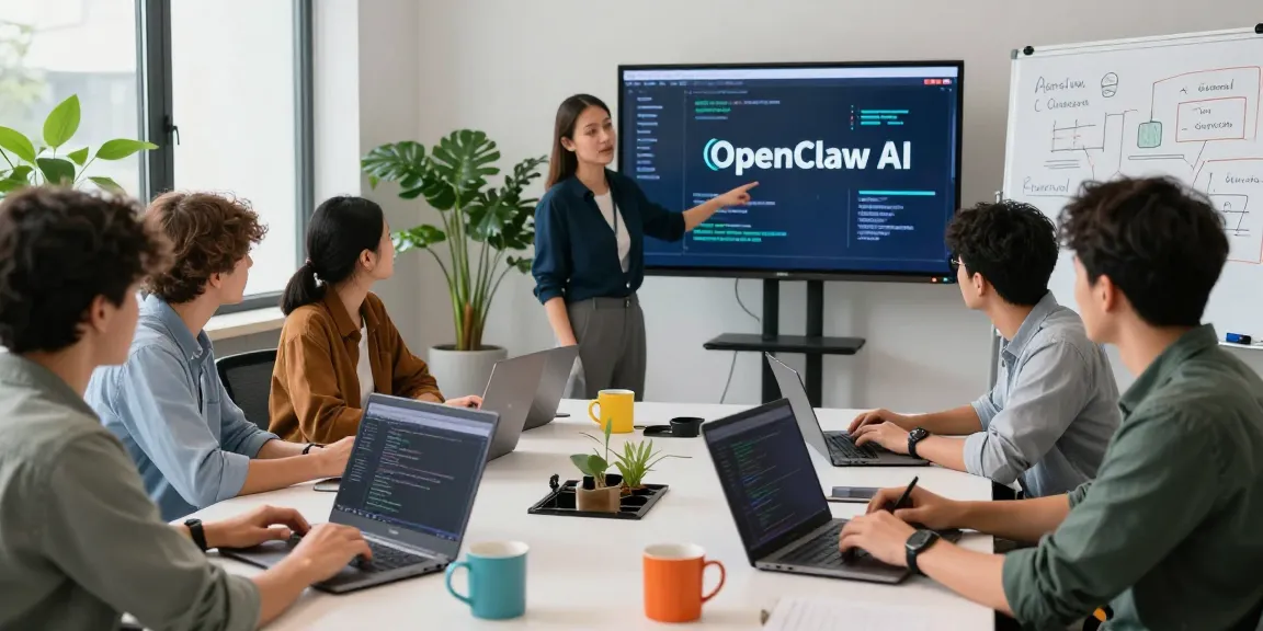 Team collaborating on OpenClaw AI integration in a modern workspace setting.