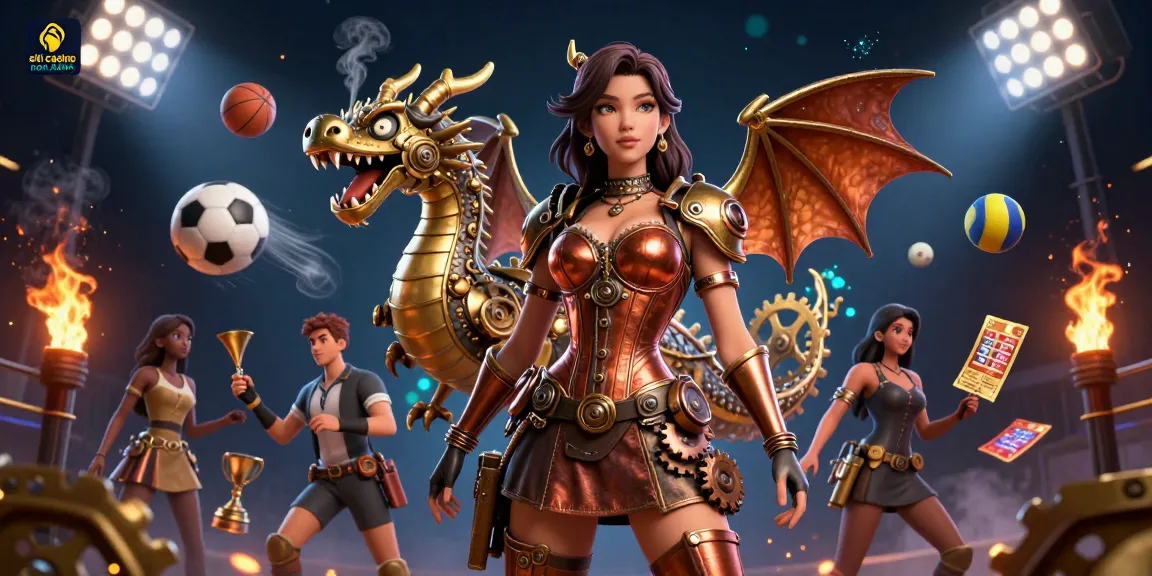 L'illustrazione vibrante dei siti casino non AAMS presenta una donna steampunk con un drago meccanico, elementi dinamici di casinò e palloni sportivi.
