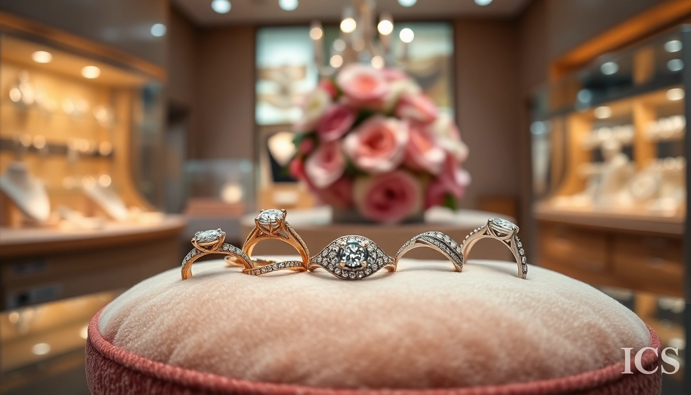 Glimmering wedding rings elegantly arranged, highlighting fine craftsmanship and unique designs.