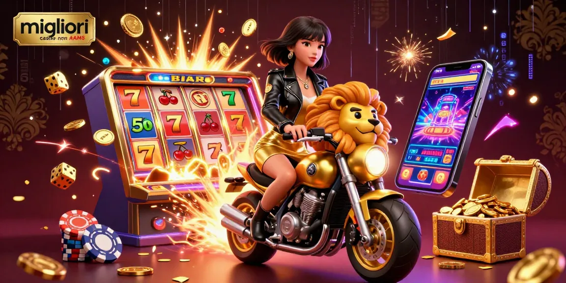 I migliori casino non AAMS mostrano una donna asiatica glamourosa che cavalca una mascotte leone d'oro in mezzo a un'esplosione di jackpot.