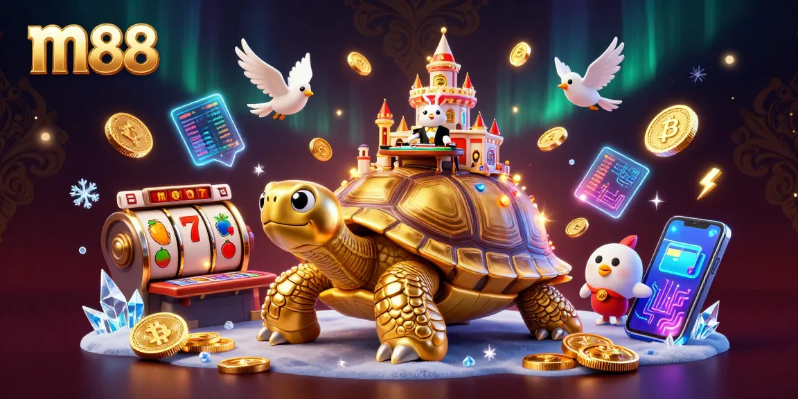 Win big at m88 with a vibrant, animated 3D casino scene featuring unique gaming elements.