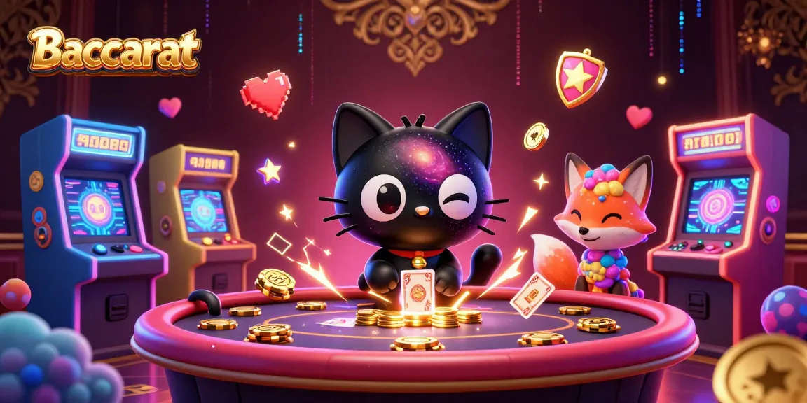 Baccarat game scene with a cosmic cat, collecting golden chips at a vibrant casino table