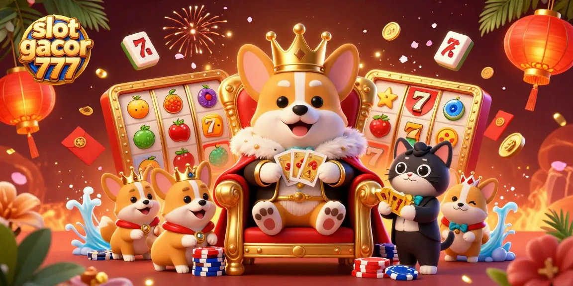 Mainkan slot gacor 777 dalam ilustrasi mewah dengan corgi kerajaan dan elemen permainan menarik