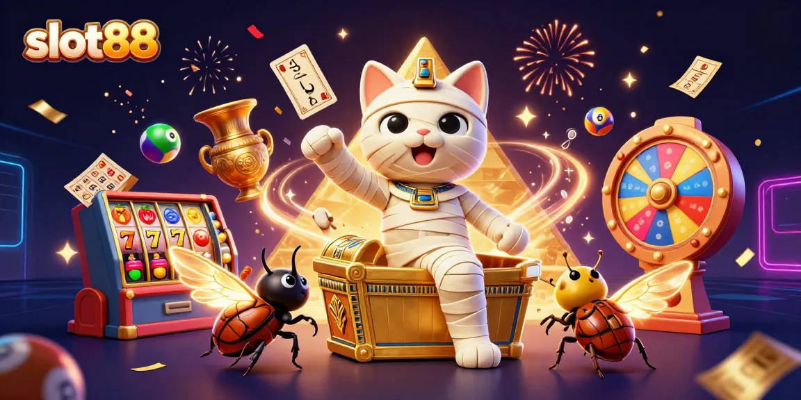 Slot88 menampilkan kucing mummy Mesir dan scarab di kasino, bersama dengan slot bergulir dan efek hujan uang.