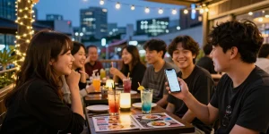 Engaging night out scene highlighting 상봉동 한국관나이트 with friends enjoying cocktails and Korean cuisine.