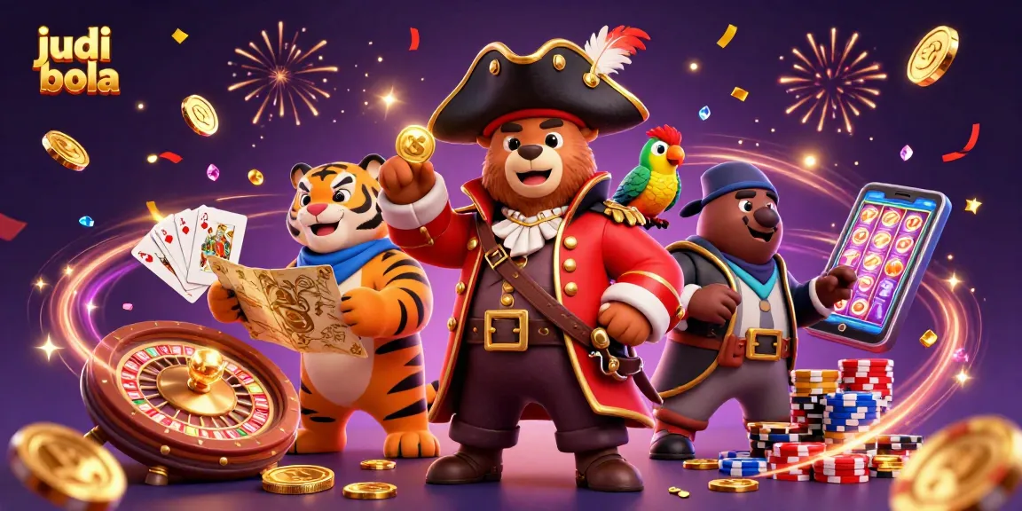 Feel the thrill of judi bola as a pirate captain, tiger, and parrot celebrate with casino treasures.