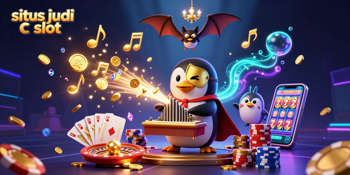 Menangkan jackpot di situs judi slot dengan ilustrasi penguin yang bermain organ, dikelilingi koin emas.