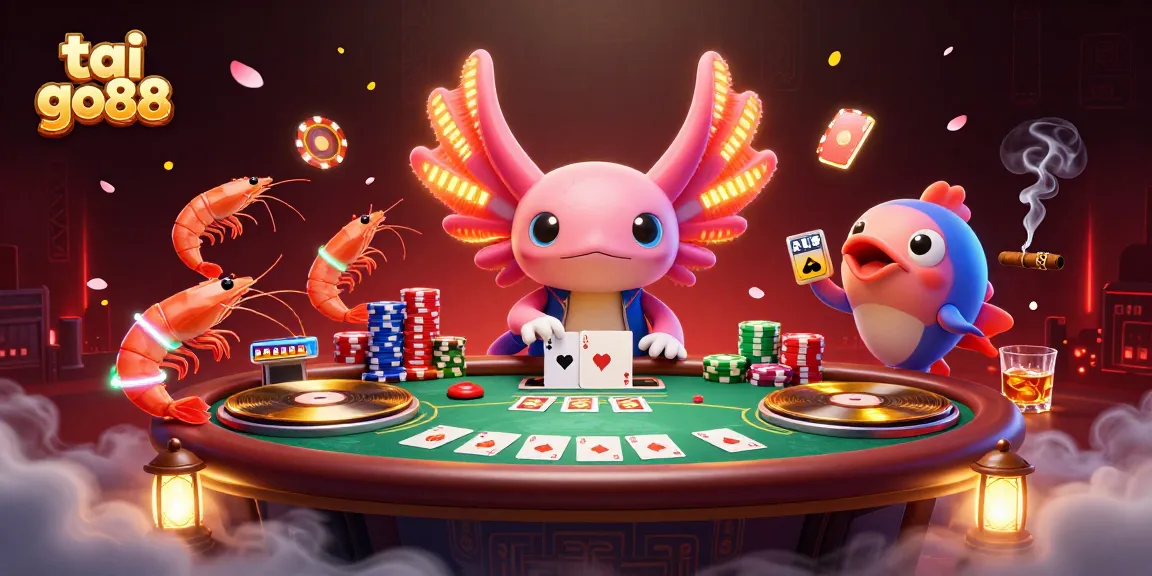 Experience the thrill of tai go88 with a vibrant 3D casino scene featuring vivid characters and poker elements.