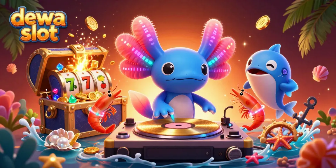 Mengguncang dewa slot dengan suasana penuh warna, kombinasi karakter kartun neon, dan elemen permainan slot yang menggoda.