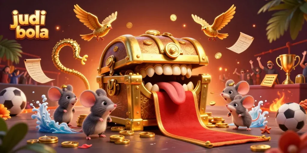 Engage in judi bola with vibrant sports betting elements and a treasure chest in a dynamic scene.