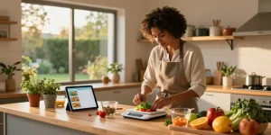 Home cook weighing ingredients for a healthy meal using the best food tracking app in a cozy kitchen.