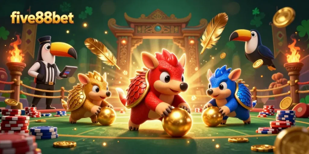 Join the thrilling five88bet showdown with rival pangolins competing amidst golden chips and festive effects.