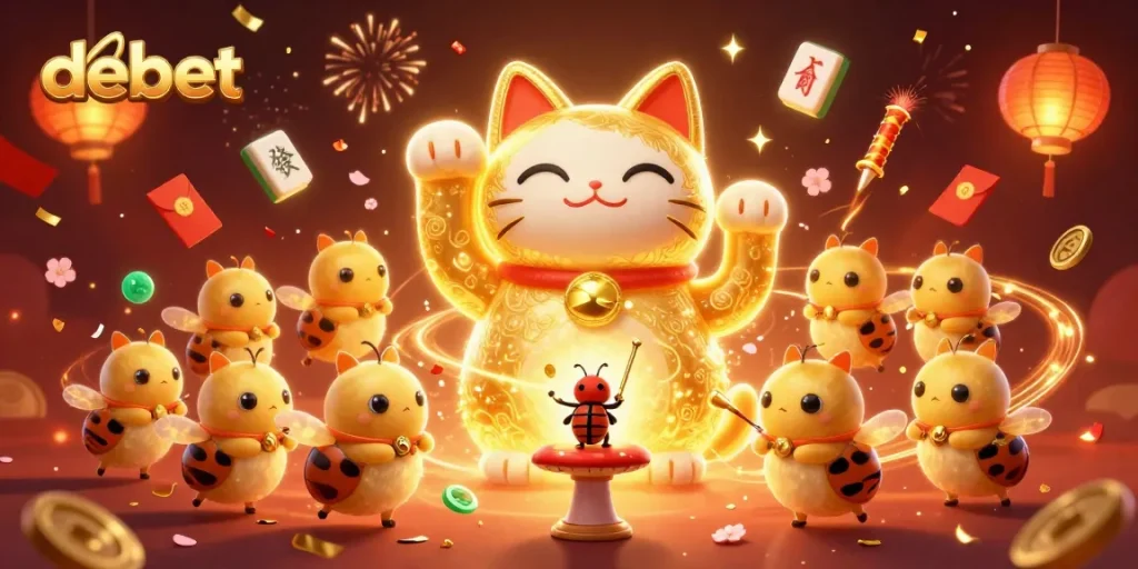 Catch exciting moments with debet featuring a vibrant scene of a lucky cat surrounded by casino symbols.