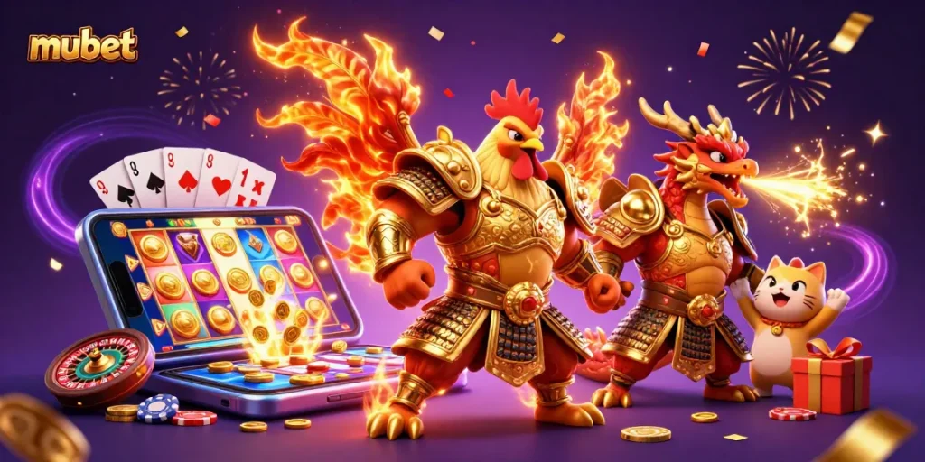 Experience thrilling wins at mubet with a powerful rooster warrior and golden dragon in a vibrant casino scene.