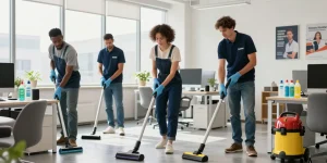 Reinigungsfirma bei der Arbeit in modernem Büro mit professionellem Team und umweltfreundlichen Reinigungsmitteln.