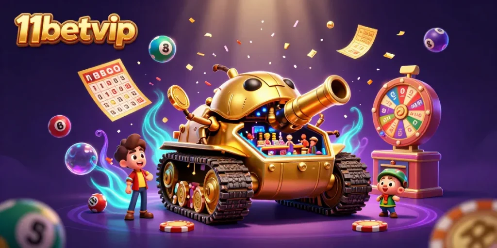 Engage in thrilling games at 11betvip with colorful lottery elements and a festive casino scene.